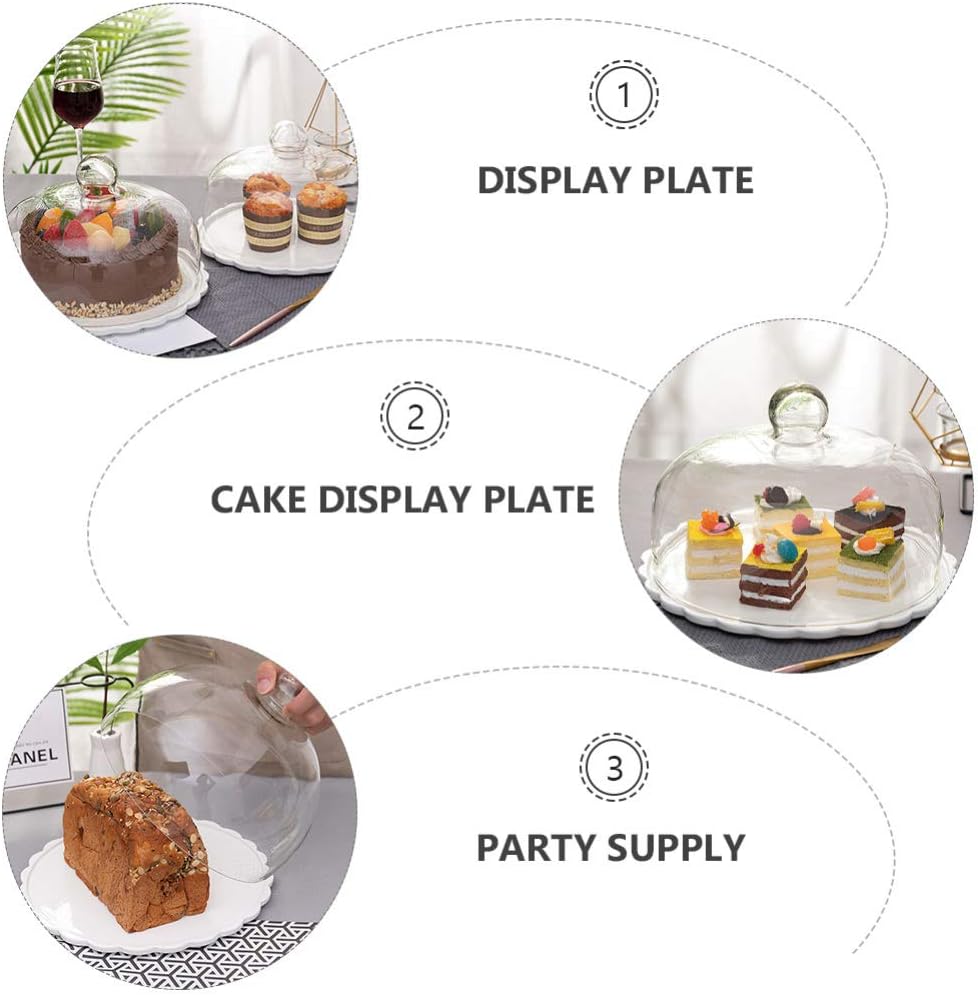 DOITOOL Ceramic Cake Plate with Glass Dome Glass Dessert Holder Clear Cupcake Stand Decorative Serving Tray Dish Rack for Fruit Dessert Cake White