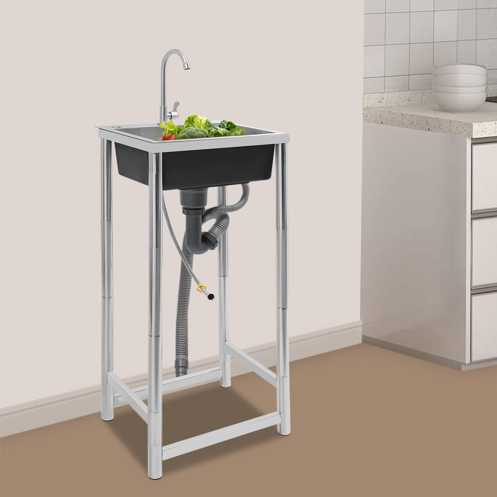 Freistehende Edelstahl Spültisch, Einbecken-Edelstahlspüle, Geräuscharm Küchenspüle, Gewerbliche Spülbecken mit Wasserhahn und Ablassvorrichtung für Restaurant, Wäscherei, Garage, Außen