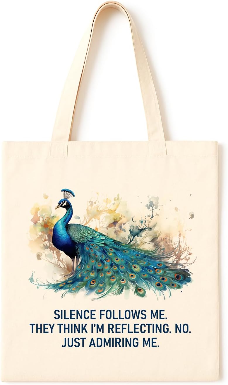 TOTE BAG Admired Peacock Silence Bag ~ Elegant peacock with full feather display, in dreamy watercolor style—humorous and majestic, perfect for introverts, show-offs, and self-admirers.