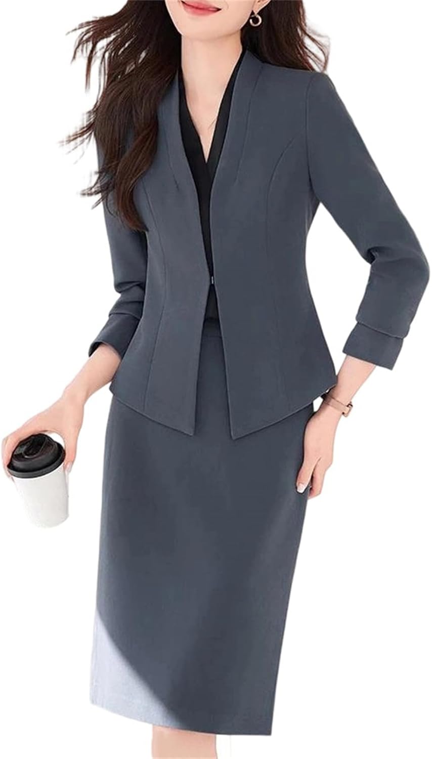 Women’S Classic Long Sleeved Suit Set Office Business Two Piece Suit Jacket Skirt Blazer and Pencil Skirt Sets