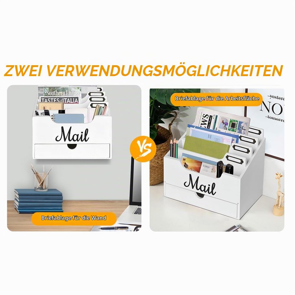 Hölzernen Schreibtisch Mail Organizer, Mail Organizer Arbeitsplatte mit 4 Fächern und Schublade für Büro Schule Rechnungen Dokumente, Weiß Holz Schreibtisch Organizer
