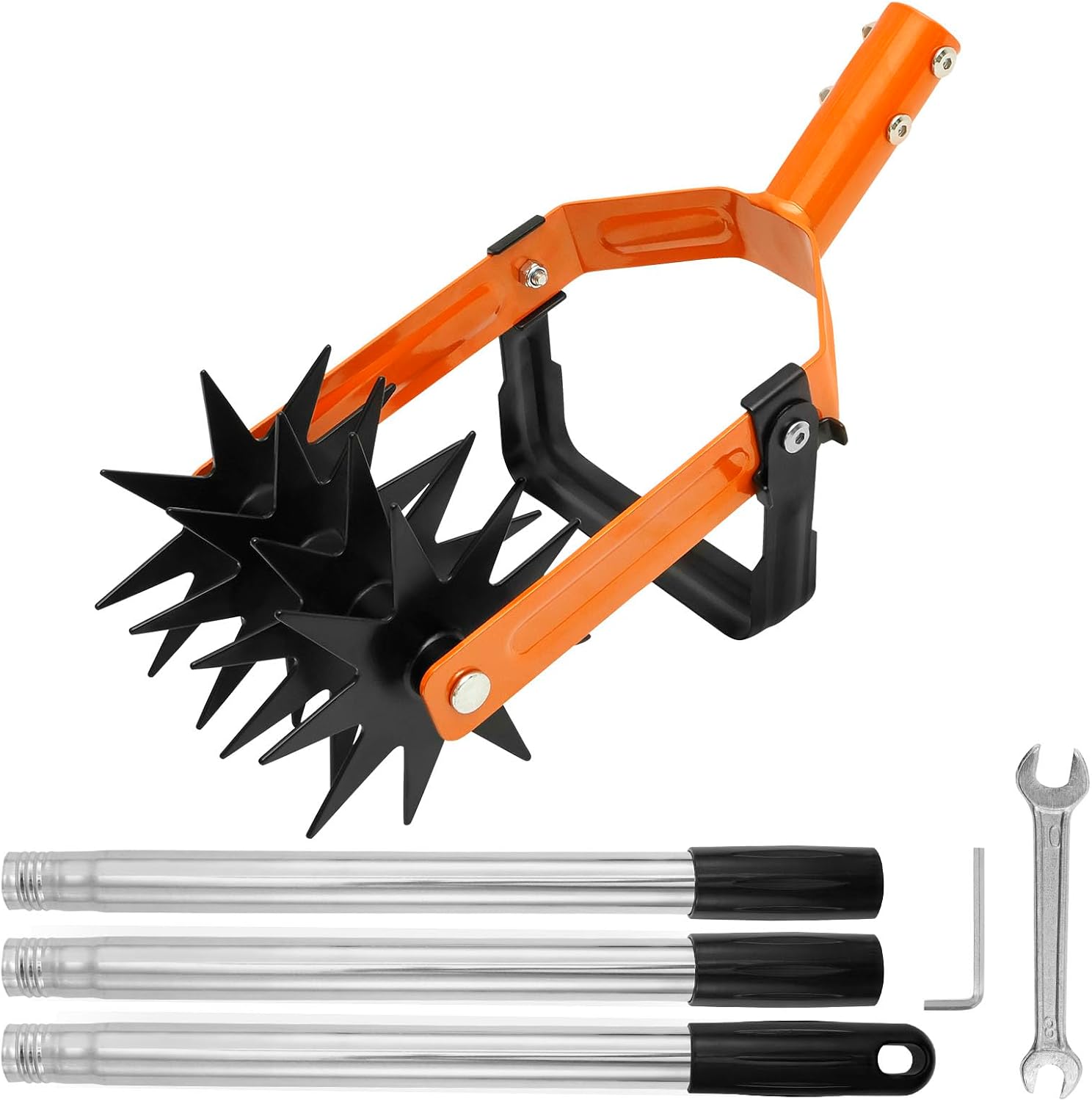 Rotary Cultivator Tiller Adjustable Garden Tool, Hand Tiller with Stainless Steel Pole, 2-in-1 Garden Weeder and Crumbler Soil Cultivator Tool, Lawn Manual Tiller for Loosing and Mixing Soil