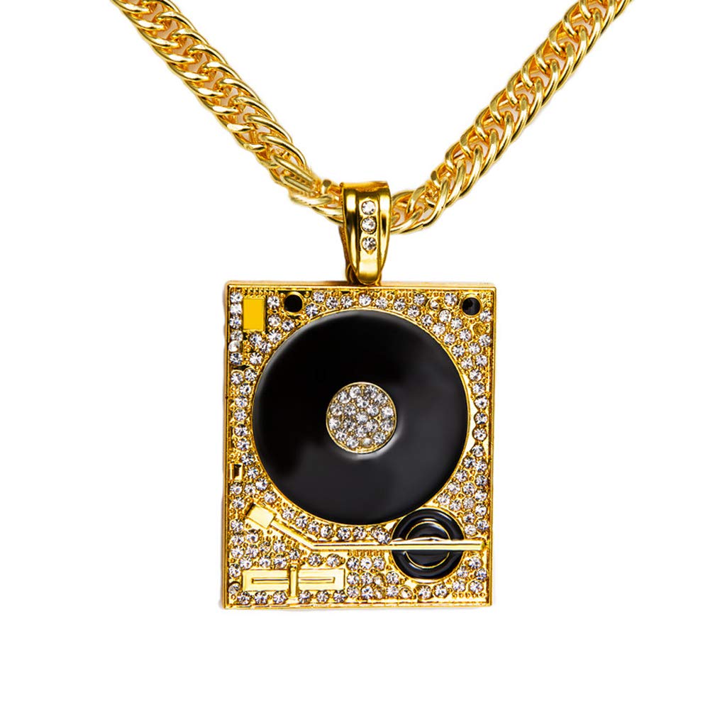 XusamssXusamss Hip Hop DJ 18K Gold Plated Crystal Phonograph Tag Pendant Necklace with Chain
