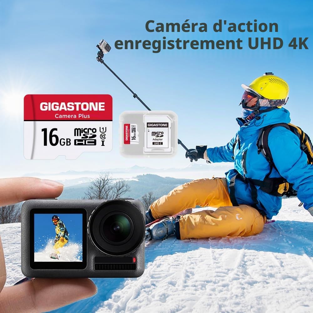 Gigastone Carte Mémoire 16 Go Lot de 2 Cartes, Caméra Plus Série, Vitesse allant jusqu'à 85 Mo/s. idéal pour Full HD Vidéo Gopro Caméra Drone, U1 C10 Carte Micro SDHC avec Mini étui et Adaptateur SD.