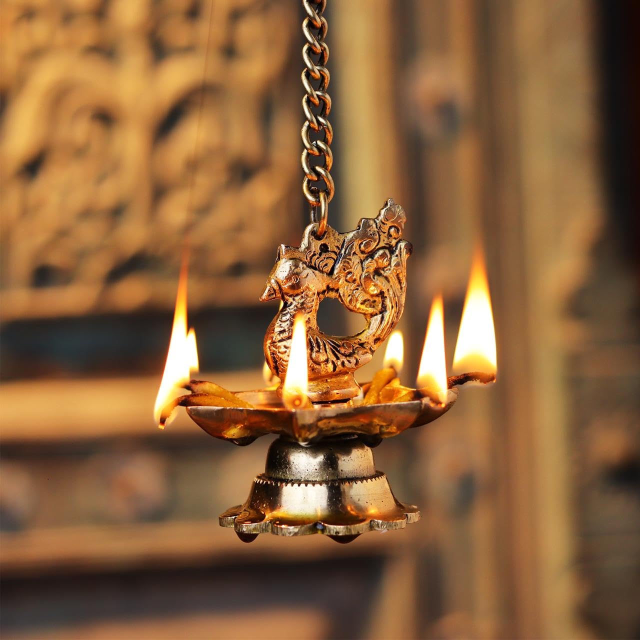 Indian Shelf Handmade Peacock with Chain Religious Diya for Ceremonies God Idols Hanging Deepak Awards Pooja Oil Lamps (Size: 8cm) BOL-357