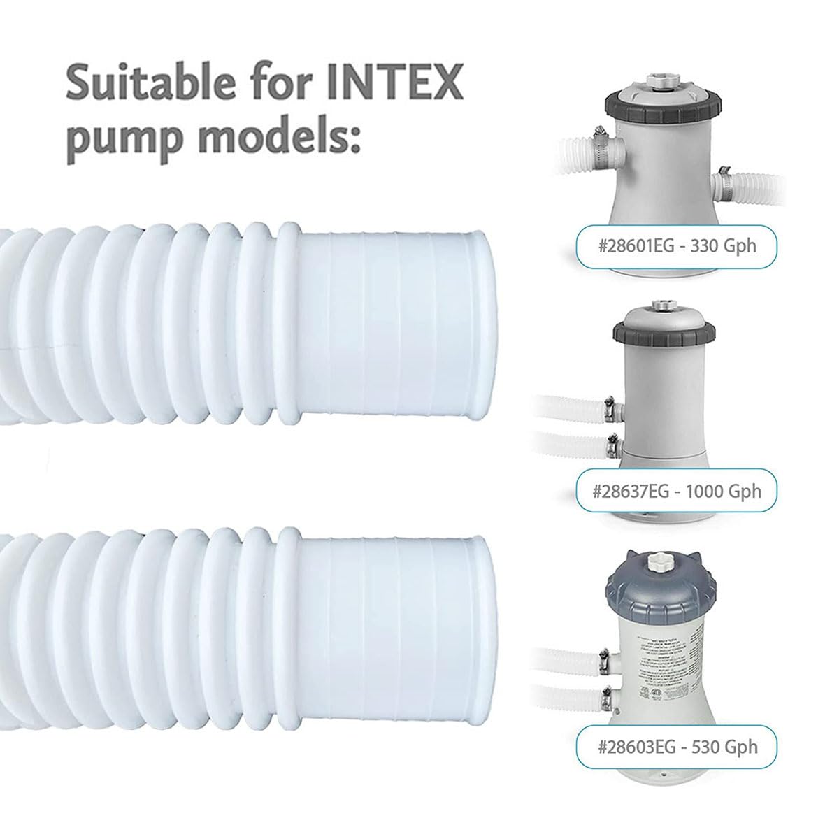 Tuyau piscine, 2Pcs 32mm Tuyau pompe piscine Rechange pour Intex 330, 530 et 1000 GPH, 150cm/59in Hose pour Piscine Hors Sol