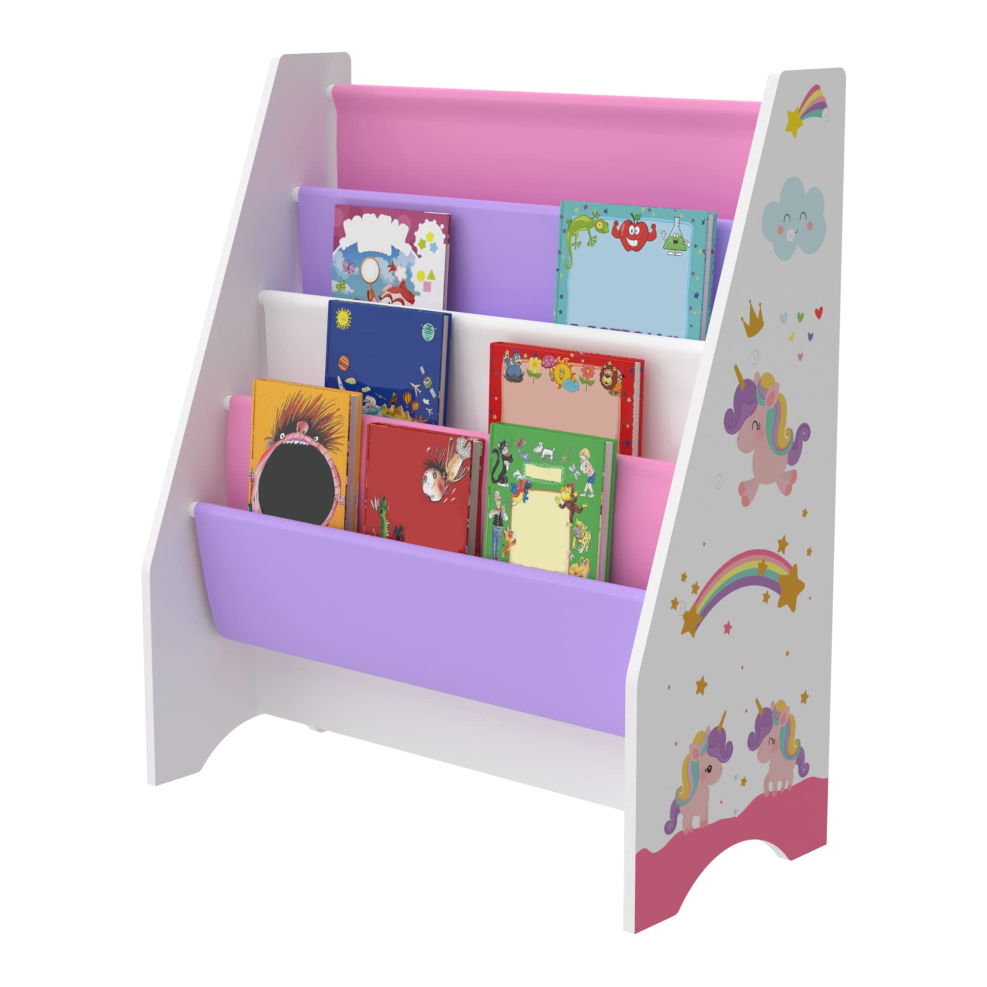 [en.casa] Scaffale per Cameretta con 4 Contenitori Morbidi a Scaletta - Mobile Porta Libri a Misura di Bimbi - Decorazione Unicorno - Rosa/Viola