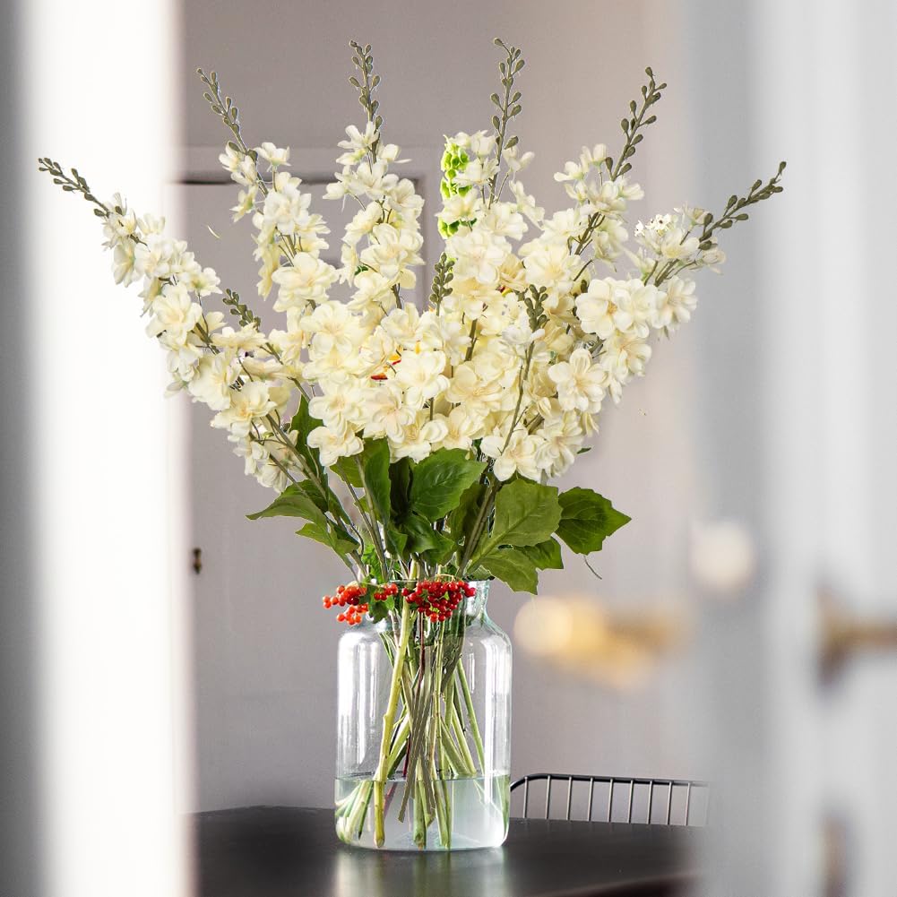 Artificial Delphinium Cream Yellow Artificial Flowers Rustic Decor Silk Flowre for Tall Vase Fake Snapdragon Silk Delphinium Flowers Arrangement Fake Delphinium Salmon Flower Fake Long Llowers-6pcs