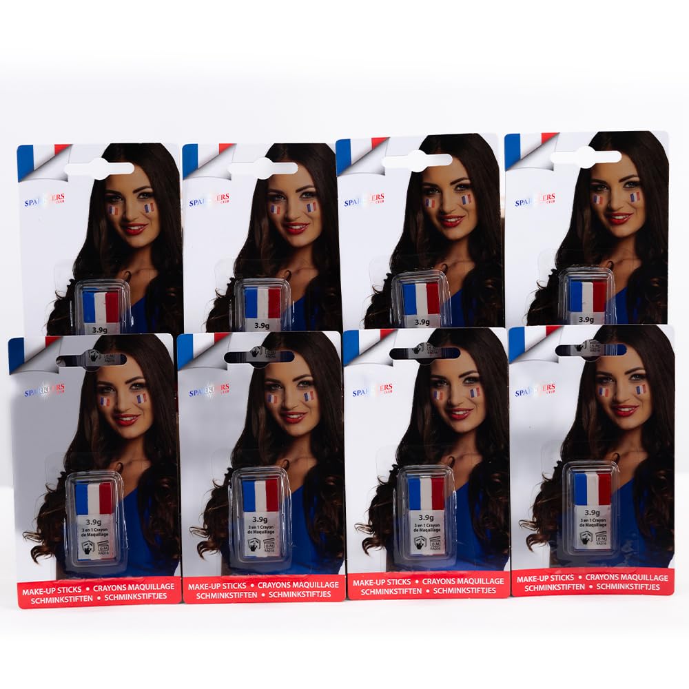 Maquillage Tricolore x8 Bleu Blanc Rouge en Stick pour Supporter de l'équipe de France - Simple d'Utilisation, Idéal pour Supporter l'équipe de France pendant la Coupe du Monde de Rugby Football