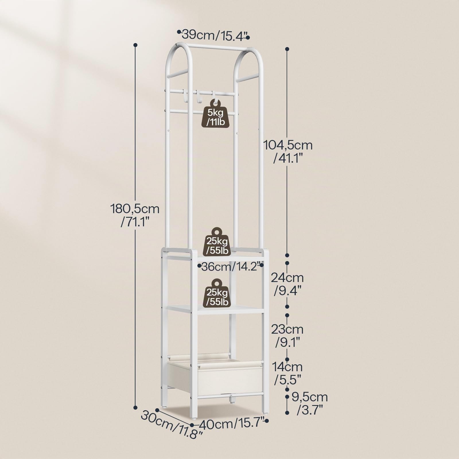 HOOBRO Portant à Vêtements sur Pied, 40 x 30 x 180,5 cm, avec 2 Étagères de Rangement, 1 Panier en Tissu, 3 Crochets Mobiles et 2 Barres à Vêtements, pour Vestibule, Salon, Couloir, Blanc EWW03YM01