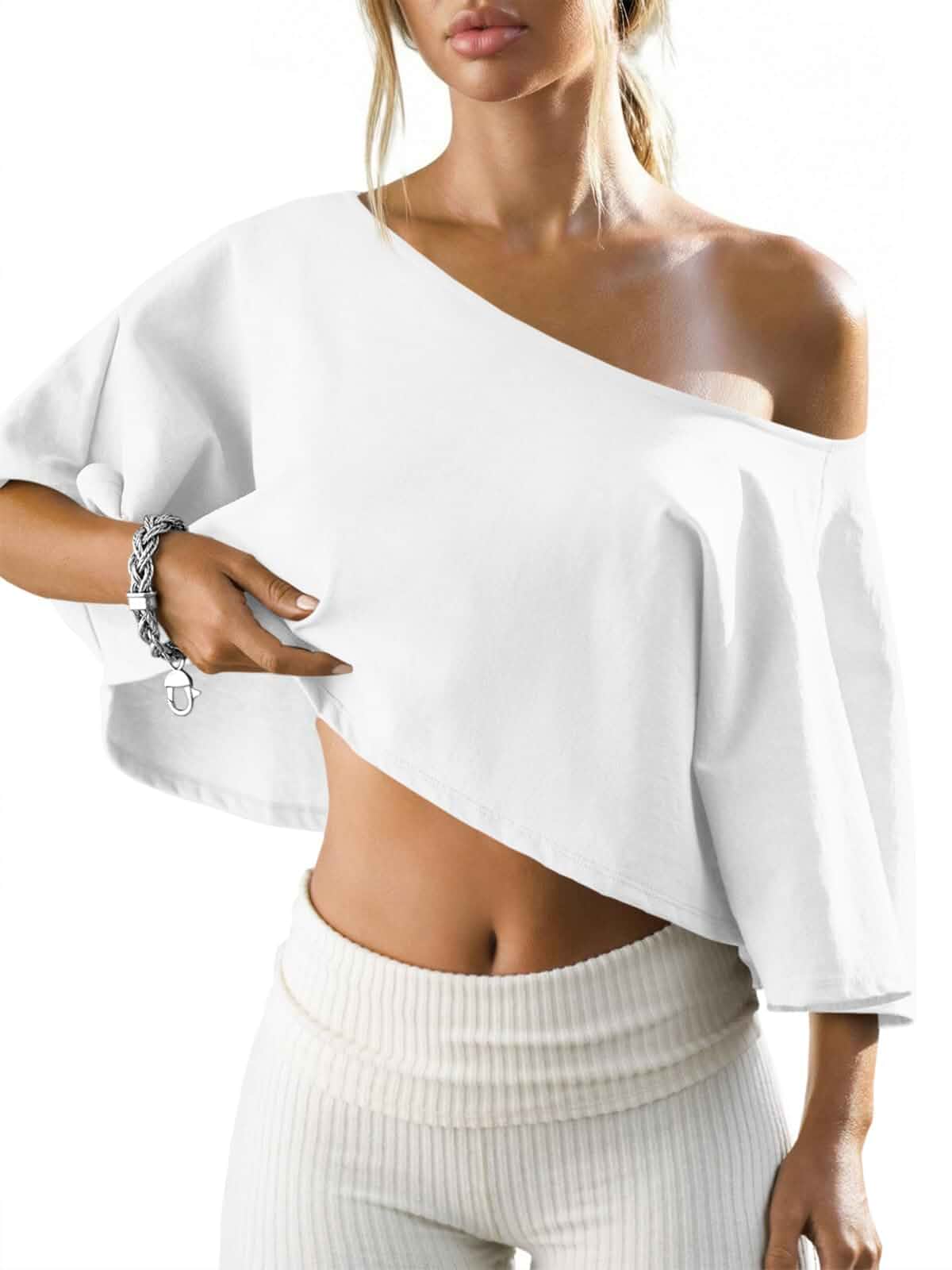 Fisoew Womens Off Shoulder Cropped Tops Batwing Short Sleeve Workout Shirts | Asymmetrical Neck, Summer Casual, T Shirts