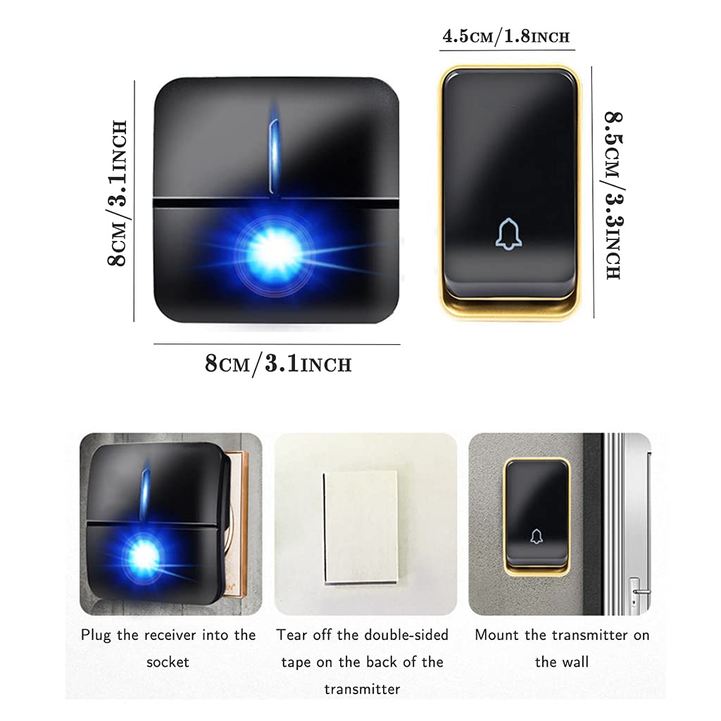 Campanello Senza Fili, Kit Campanello per Porta Senza Fili A Parete Impermeabile, Portata 280 M, 36 Campanelli, Volume A 3 Livelli, Ideale per Campanello Ingresso Porta Plug-in,Nero