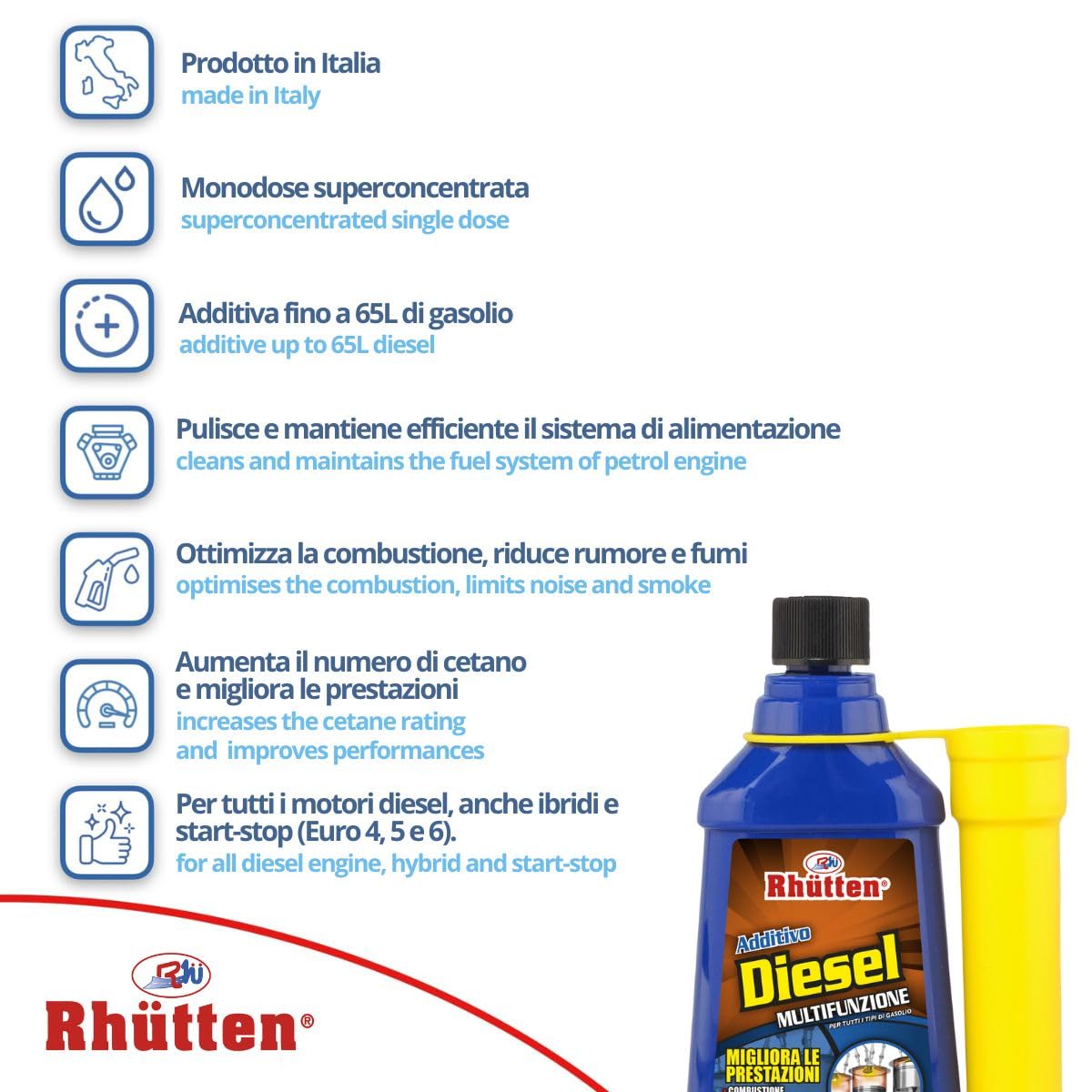 Rhutten, Additivo Diesel Multifunzione, Monodose Superconcentrata, Trattamento Con Cetano, Migliora le Prestazioni, Riduce Consumi, 150ml