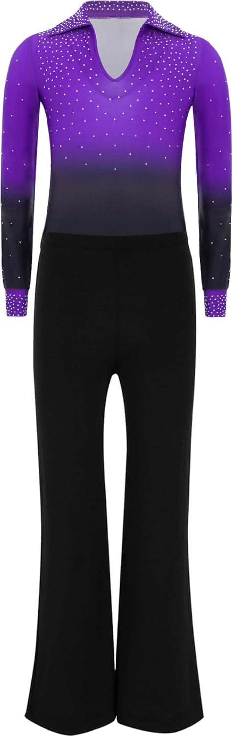 Kids Boys Latin Dance Bell Bottom Pants Set Gymnastics Leotard Top 2 Piece Ballroom Salsa Dance Outfit