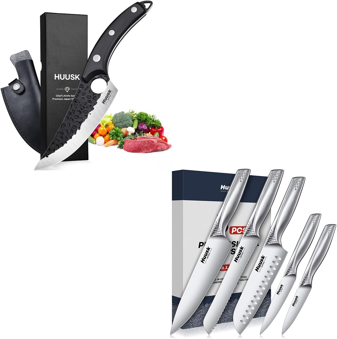Huusk Japanese Chef Knife Set - 5 PCS Kitchen Knife Sets with Ergonomic Handle Bundle with a Viking Knife with Sheath, Professional Ultra Sharp Chef Knives Set for Men, Ideal Gift