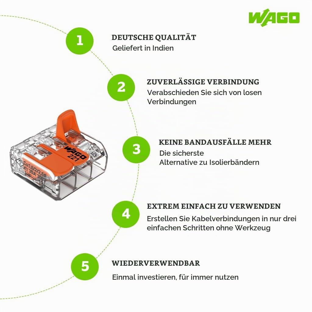 Wago Klemmen der Serie 221-413 Hebelklemmen Dosenklemmen Verbindungsklemmen Klemme Steckklemmen | Transparente Steckklemmen fuer flexible Kupferdraehte, 40 Prozent kleiner als Serie 222, mit orangenem Betaetigungshebel