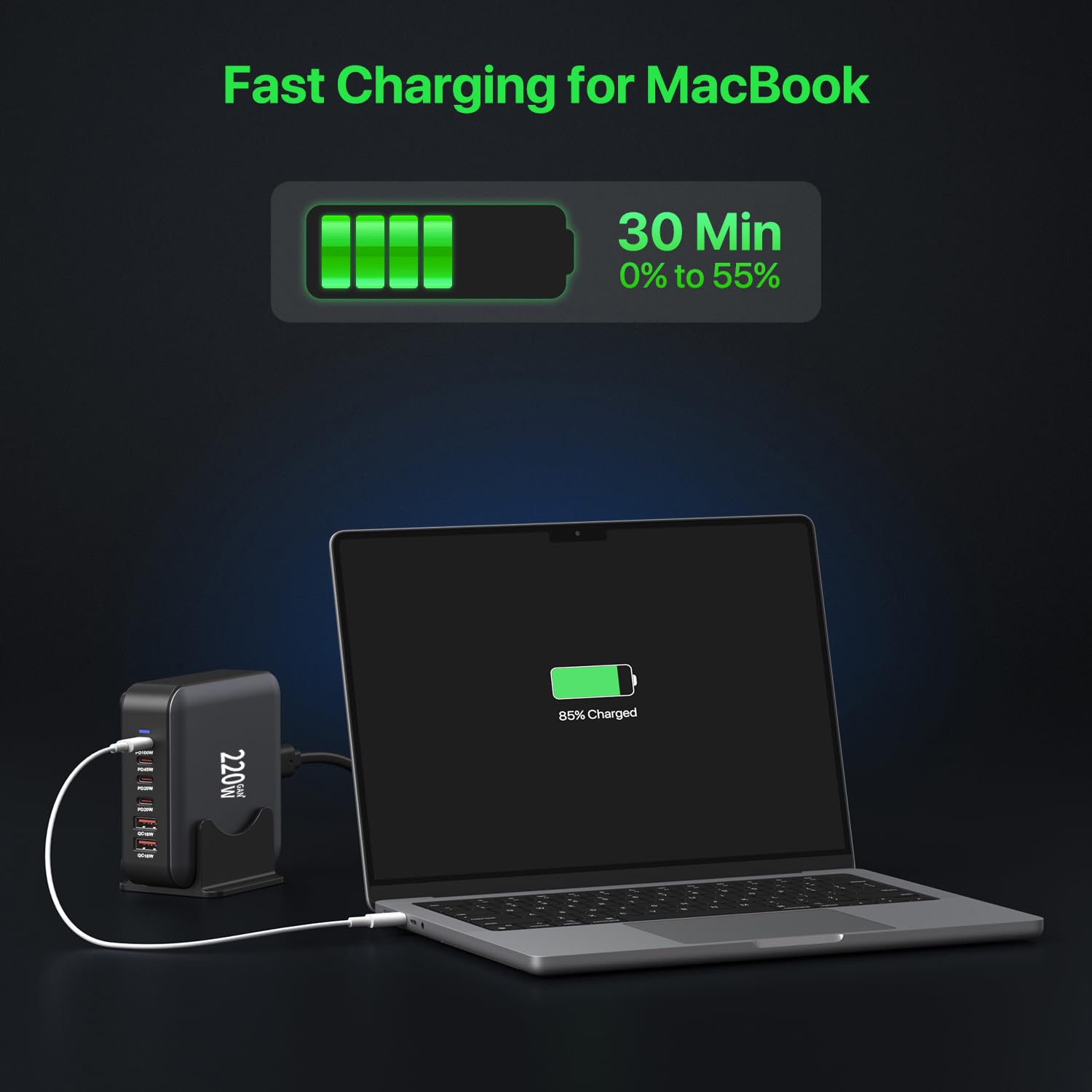 Caricatore USB C 220W 6 porte GaN PD100W stazione di ricarica Hub adattatore di alimentazione rapido compatto