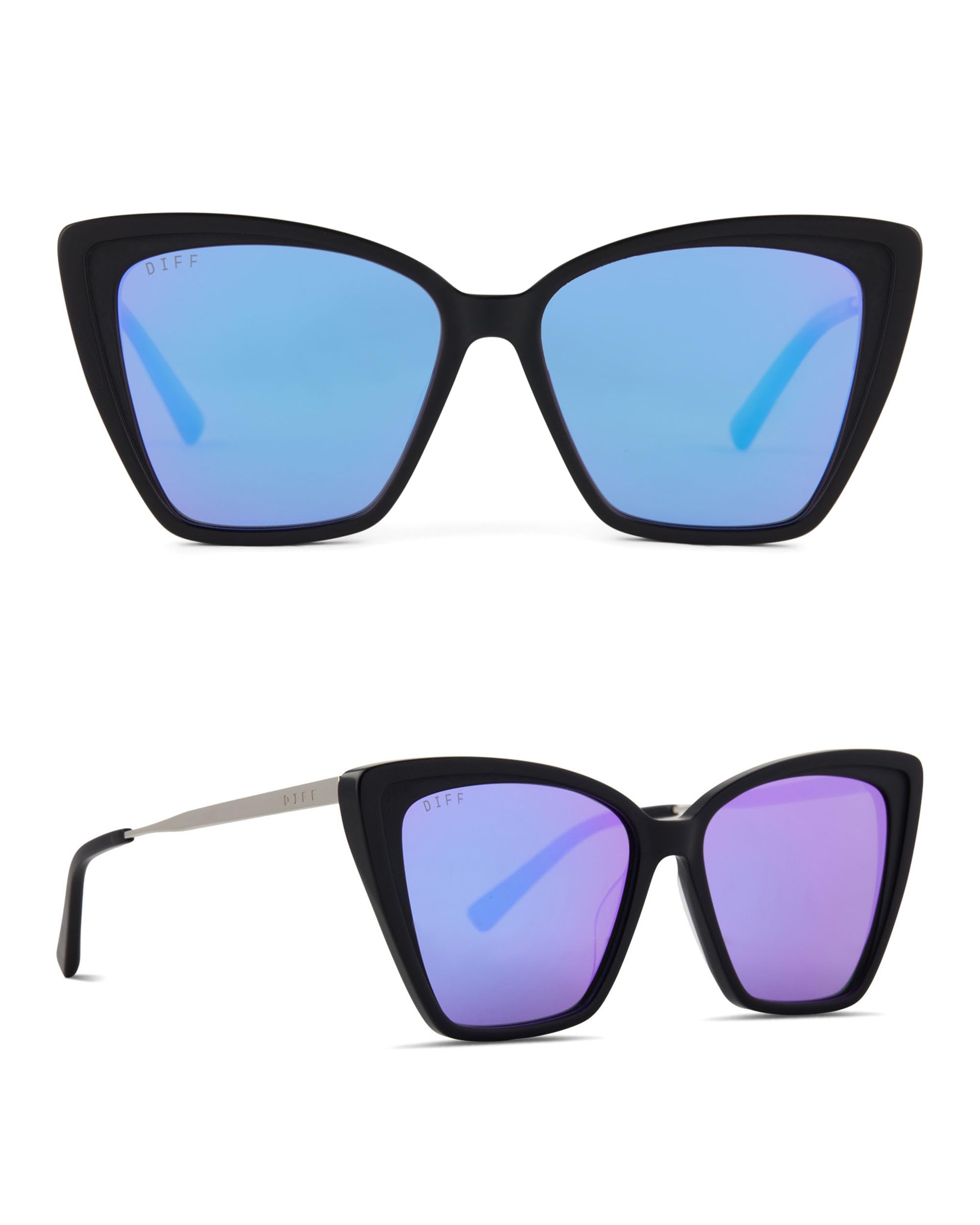 DIFF Becky II Oversized Cat Eye Sunglasses UV400, Matte Black + Purple Mirror Polarized