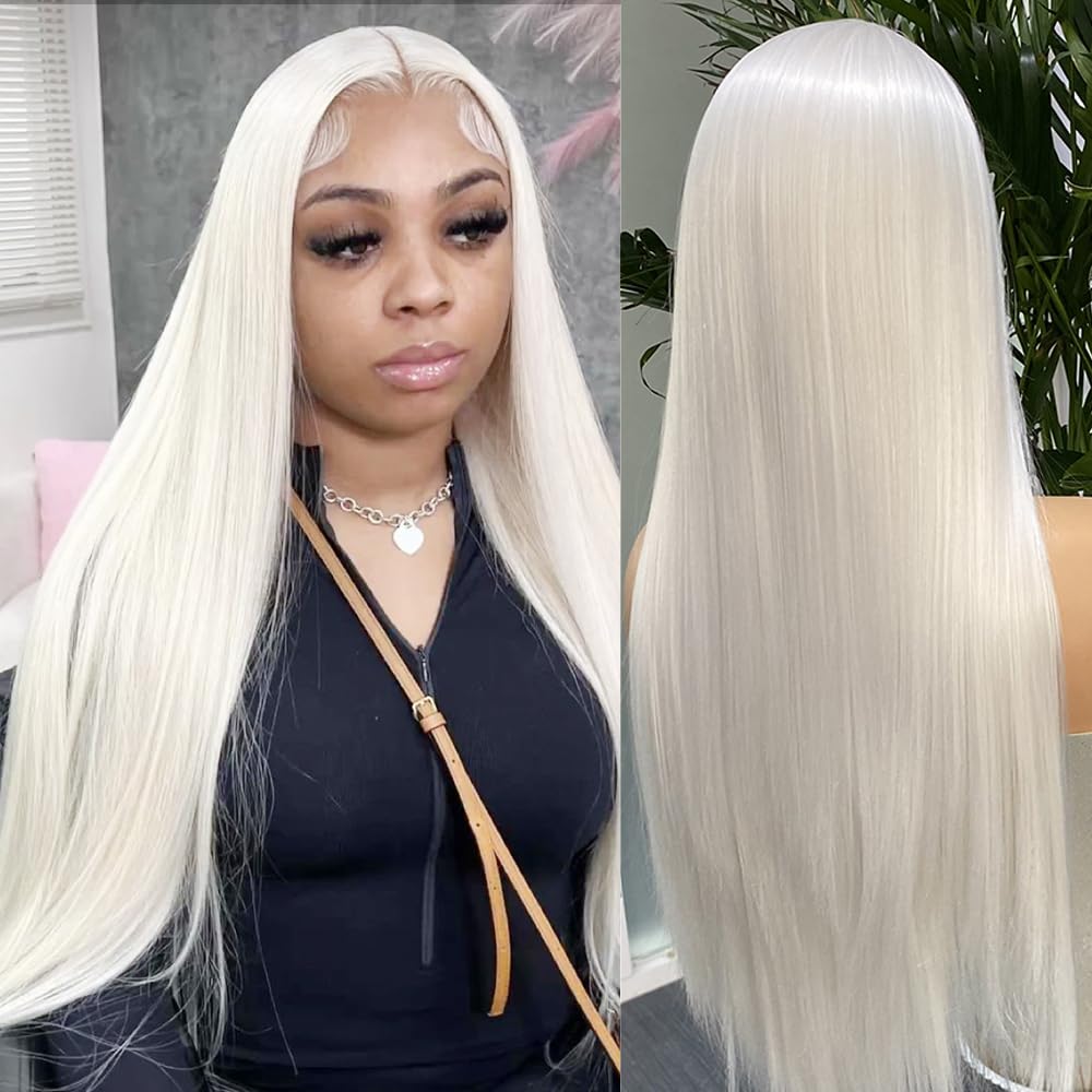 Platinum Lace Front Wigs for Women White Blonde Long Silky Straight Synthetic Lace Wig Glueless Natural Hairline Wig Daily Use Cosplay Hair