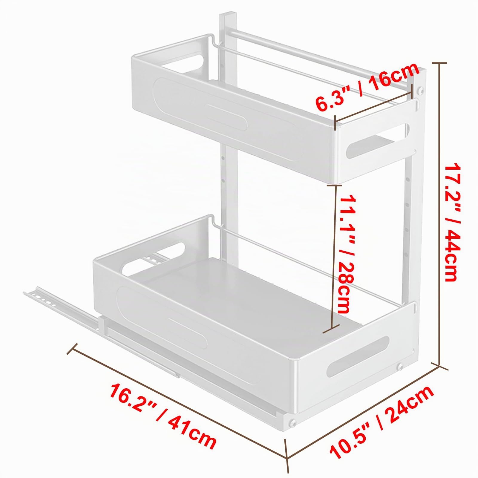Organizador Cocina Bajo Fregadero Extraíble de Metal, Organización Puerta Cocina Estrecho con Instalación Sin Taladro, Rodamientos de Acero Silenciosos para de Armario y Baño (Blanco)
