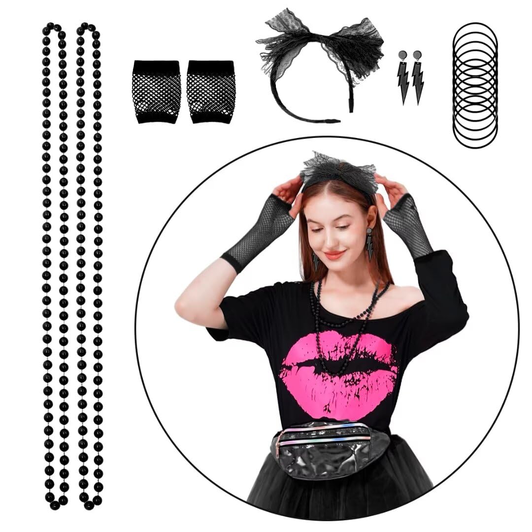 WILDPARTY 80s Fancy Dress For Women, Lip Print T-shirt, Tutu Skirt, Leg Warmers, Necklace, Fishnet Gloves, Earrings, Neon Costumes Accessories for Retro Theme Party Cosplay - Image 4