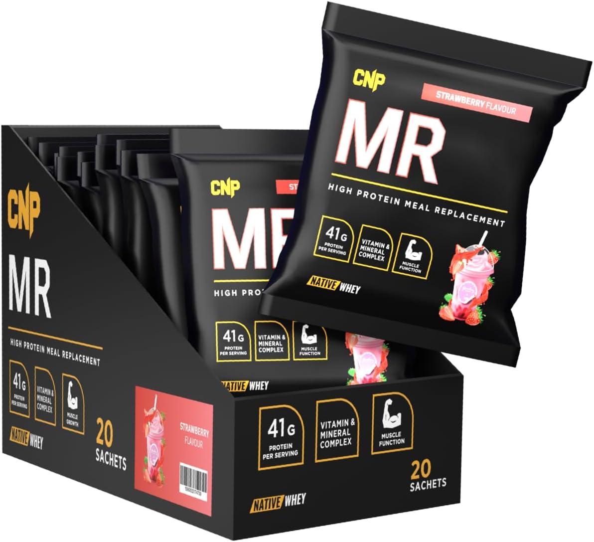 CNP Professional MR, High Protein Complete Meal Replacement Shake, 41g Protein with Vitamins & Minerals, Probiotics, Native Whey and Casein, 72g x 20 Sachets, 3 Flavours Available (Strawberry)