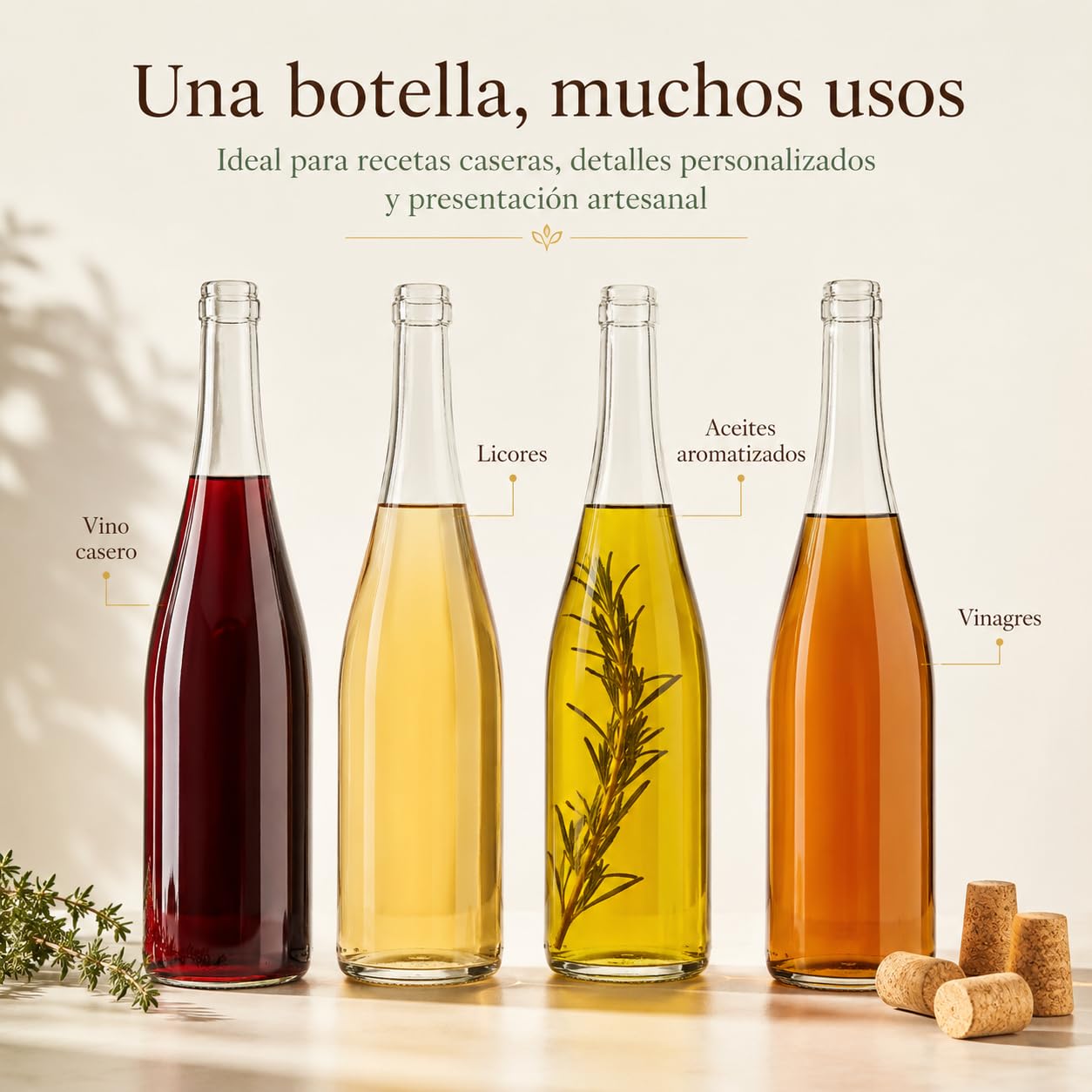 Botellas Vacías para Vino 750 ml Vidrio Transparente Pack 6 Corcho Cónico
