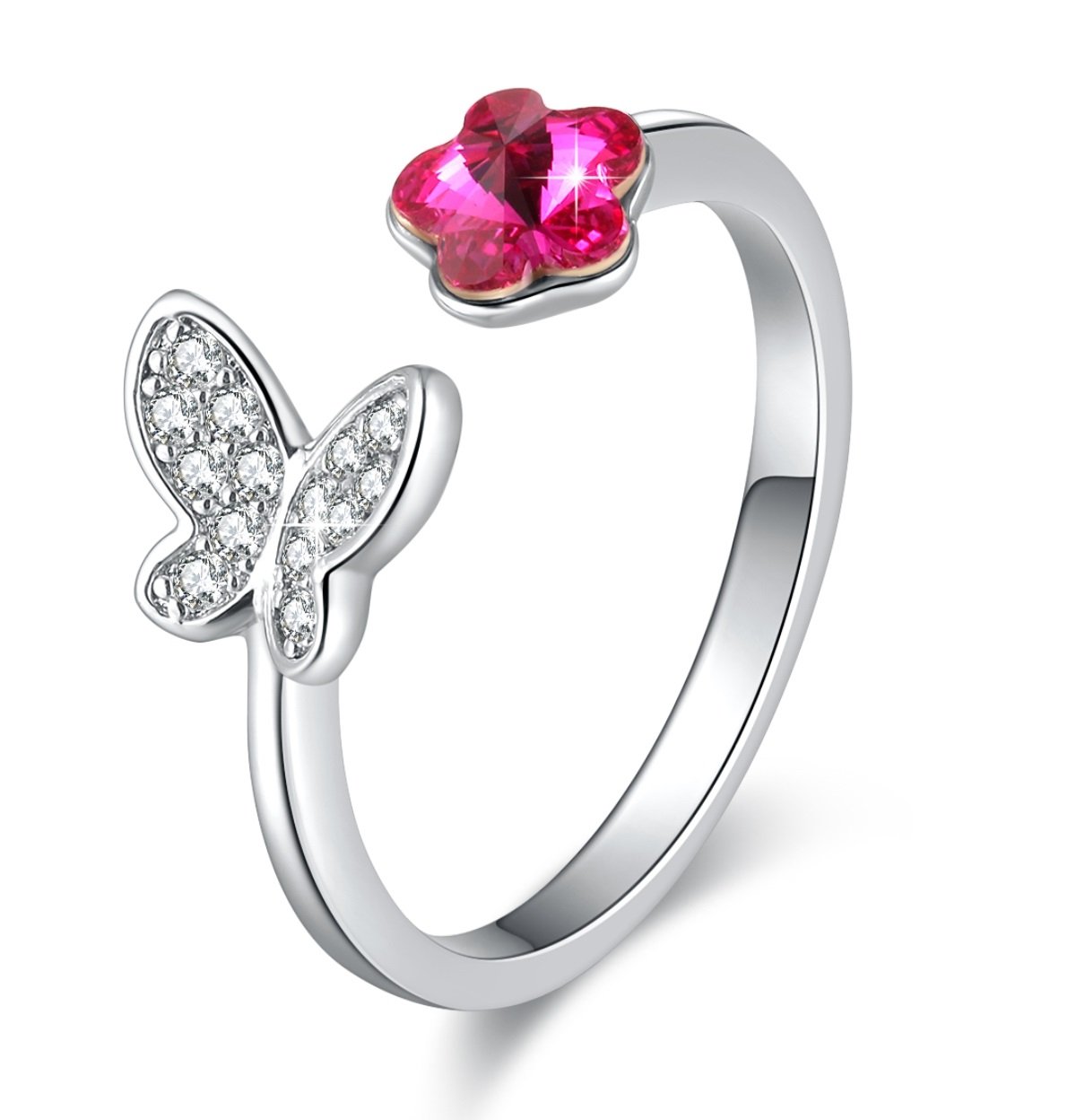 SUE'S SECRETRings for Women Butterfly Cubic Zirconia with Austria Crystal, Ajustable M Size, Fashion Jewellery Gifts for Girls, Elegant Jewelry Flower and Ball Rings