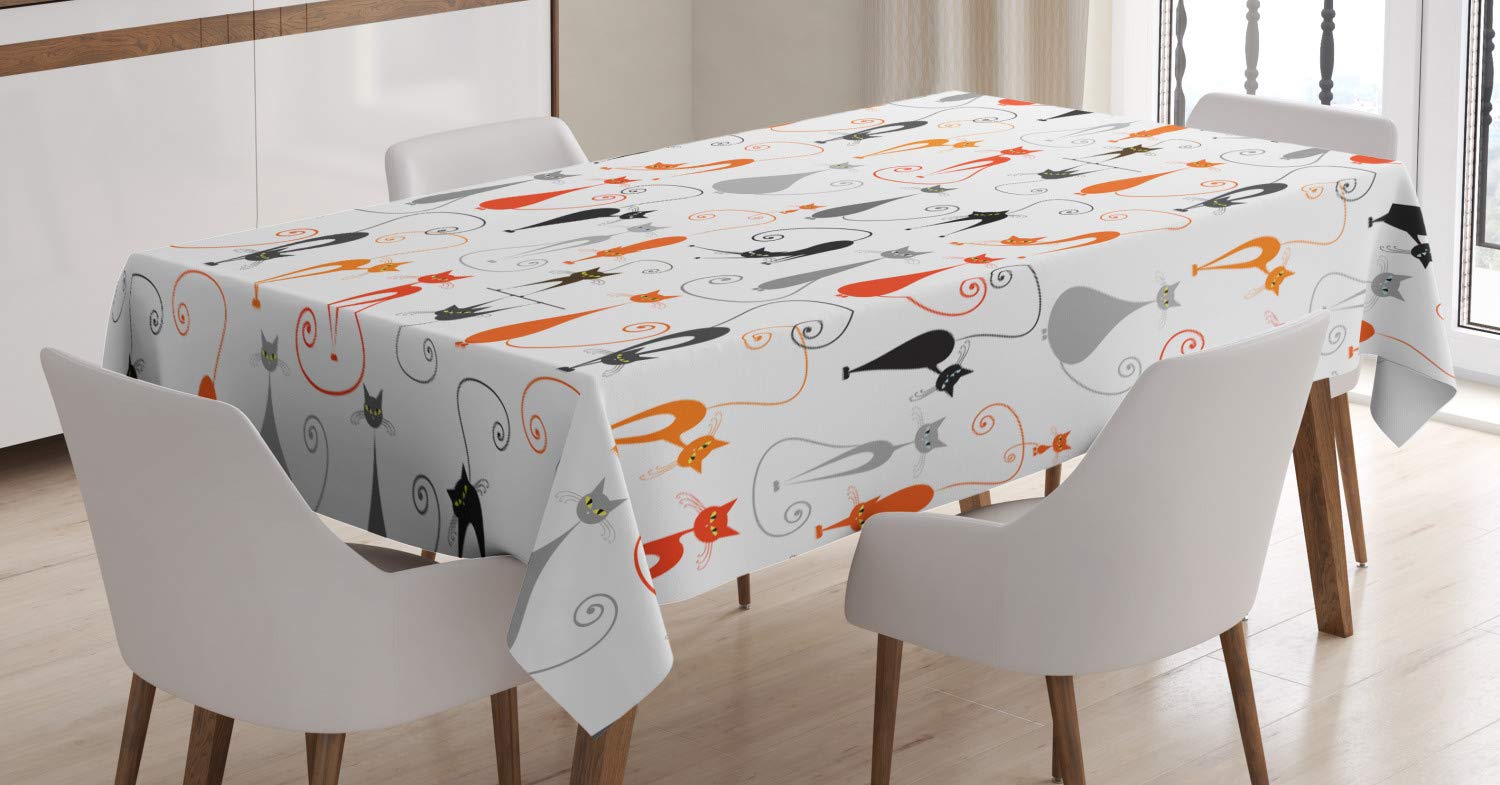 ABAKUHAUS Grigio Tovaglia, Cat Gattino del Fumetto, Rettangolare per Sala da Pranzo e Cucina, 140 cm x 200 cm, Bianca