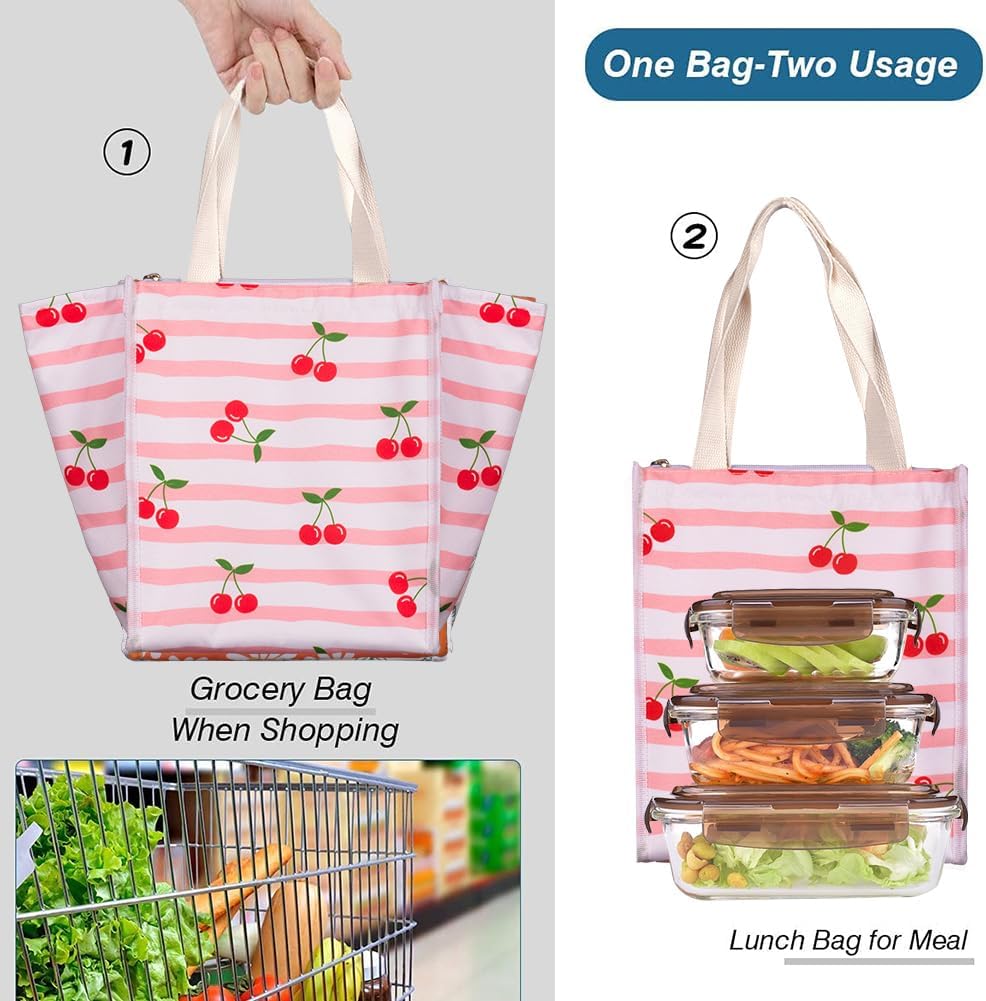 iknoe Insulated Lunch Bag for Women & Adults, 9L Foldable Wide-Open Cooler Bag with Pockets, Leakproof & Portable, for Picnic, Office, Beach(Cherry) - Image 3