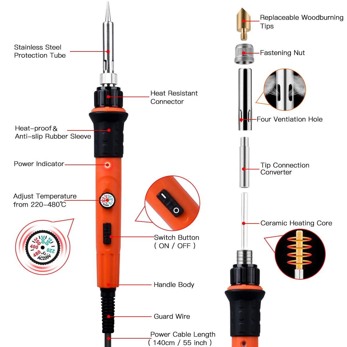 45pcs Kit Pirograbador De Madera，Kit Pirograbadores EléCtrico De 60w Con Temperatura Regulable Entre 200°C Y 500°C.Para Madera, Cuero Y Grabados (2)