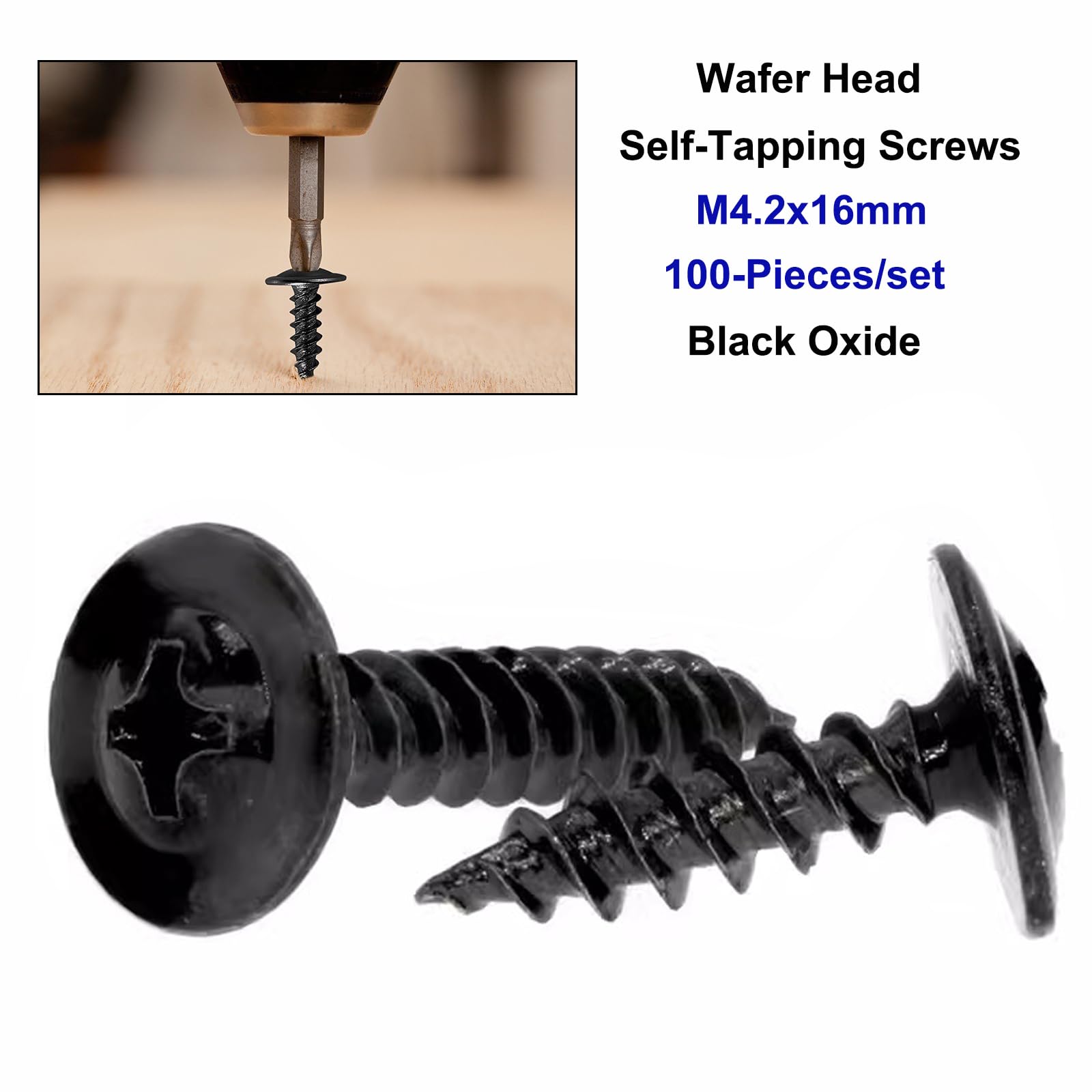 FandWay 100Pcs M4.2 x 16mm Wafer Head Self-Tapping Screws, Modified Truss Head Self Drilling Screw, Self Tappers Screws for Sheet Metal, Aluminum, Wood, Plastics. (Black) - Image 2