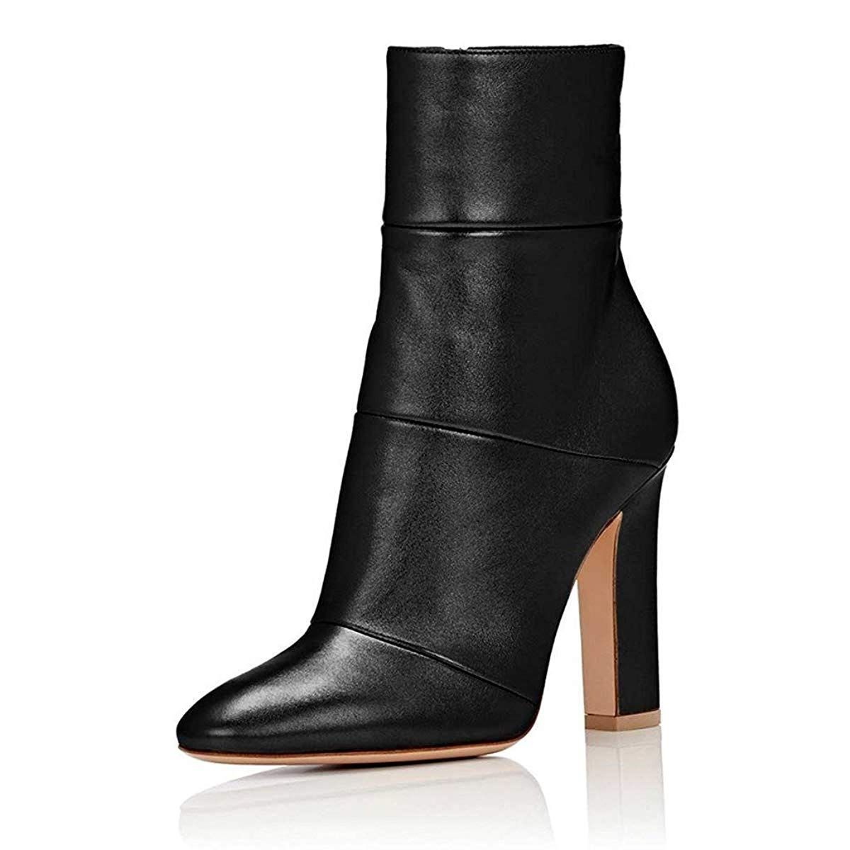 FSJ Women Retro Chunky High Heel Ankle Boots Pointed Toe Booties with Side Zipper Winter Shoes Size 4-15