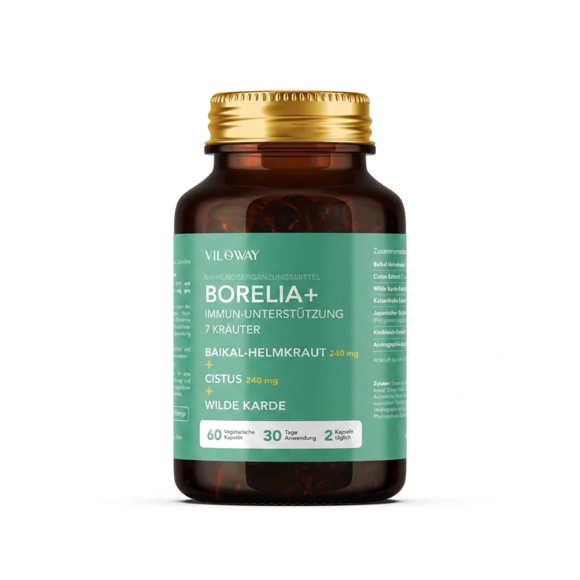 Borelia+ 7-Kräuter Komplex hochdosiert - Zistrose, Baikal-Helmkraut, Andrographis, Katzenkralle, Wilde Karde & Polygonum - DER 10:1 Extrakte mit Baicalin - 60 vegane Kapseln