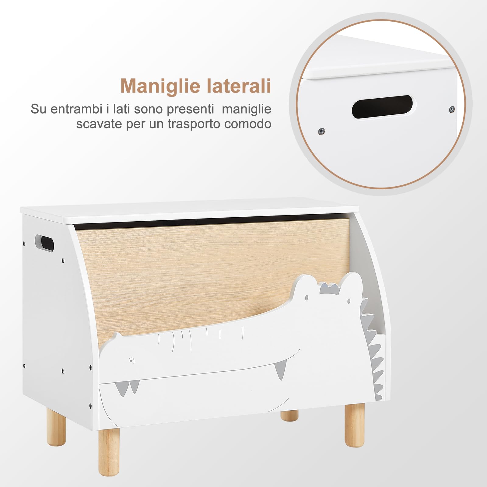 WOLTU Panca Contenitore per Bambini, Contenitore Porta Giocattoli in Legno a Coccodrillo, Cassapanca con Scomparto Chiuso e Aperto, Bianco, 49,5x30x44,5cm