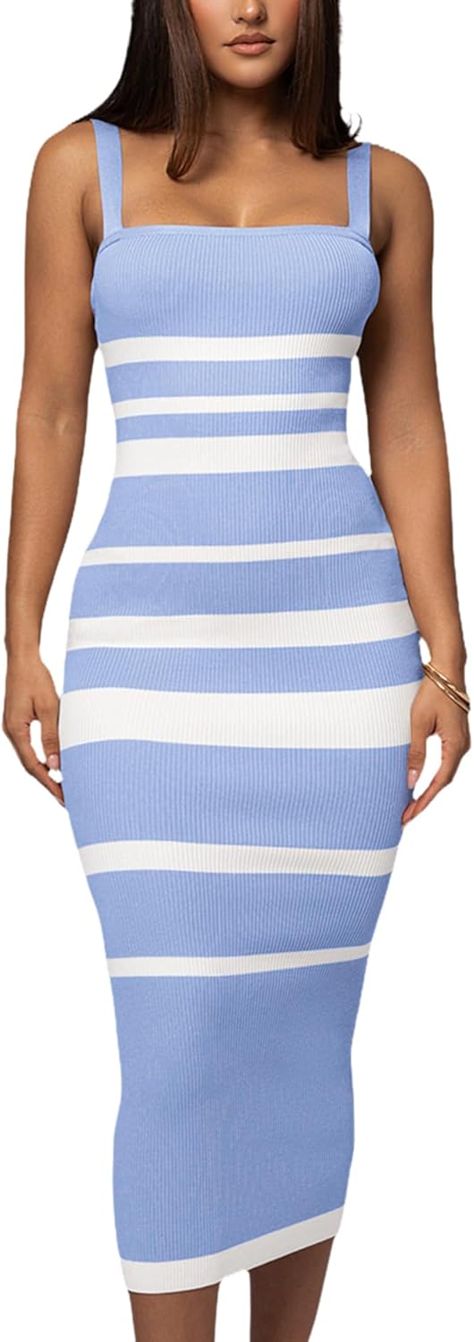 Women's Casual Spring Summer Striped Midi Dress Ribbed Knit Sleeveless Bodycon Sweater Dresses