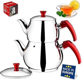 Hakan Stainless Steel Double Bondy Tea Pot Set with Self Strainer, Turkish Kettle Samovar Style Teapot Set, Tea Pot with Handle, Tea Kettle for Loose Leaf Tea with Bakelite Handle (MINI), H9301