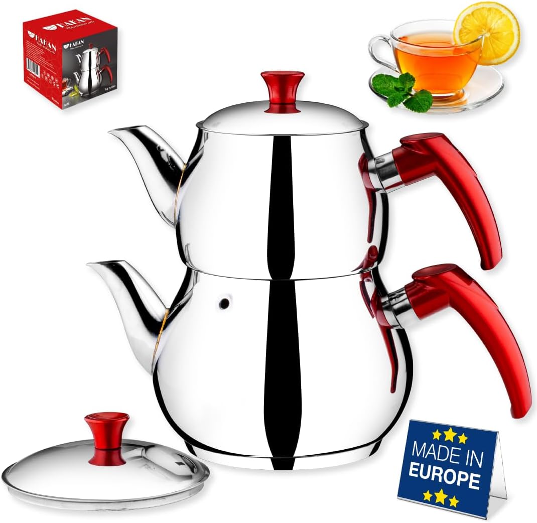 Hakan Stainless Steel Double Bondy Tea Pot Set with Self Strainer, Turkish Kettle Samovar Style Teapot Set, Tea Pot with Handle, Tea Kettle for Loose Leaf Tea with Bakelite Handle (MINI), H9301