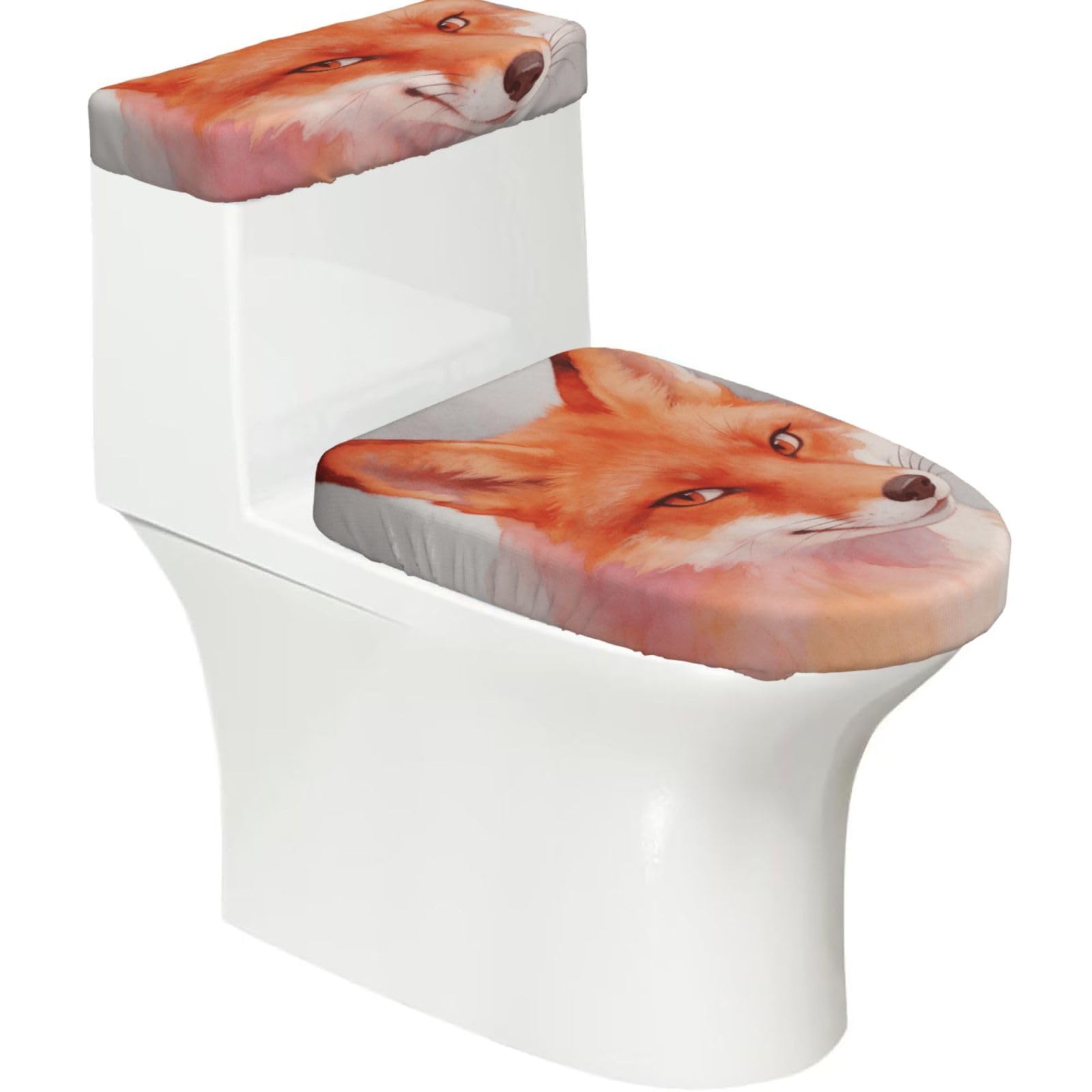 Fox Wash Print Elastic Toilet Cover Set of 2-Stretchy Lid and Tank Covers for Bathroom, Soft Washable U Shape Toilet Decor