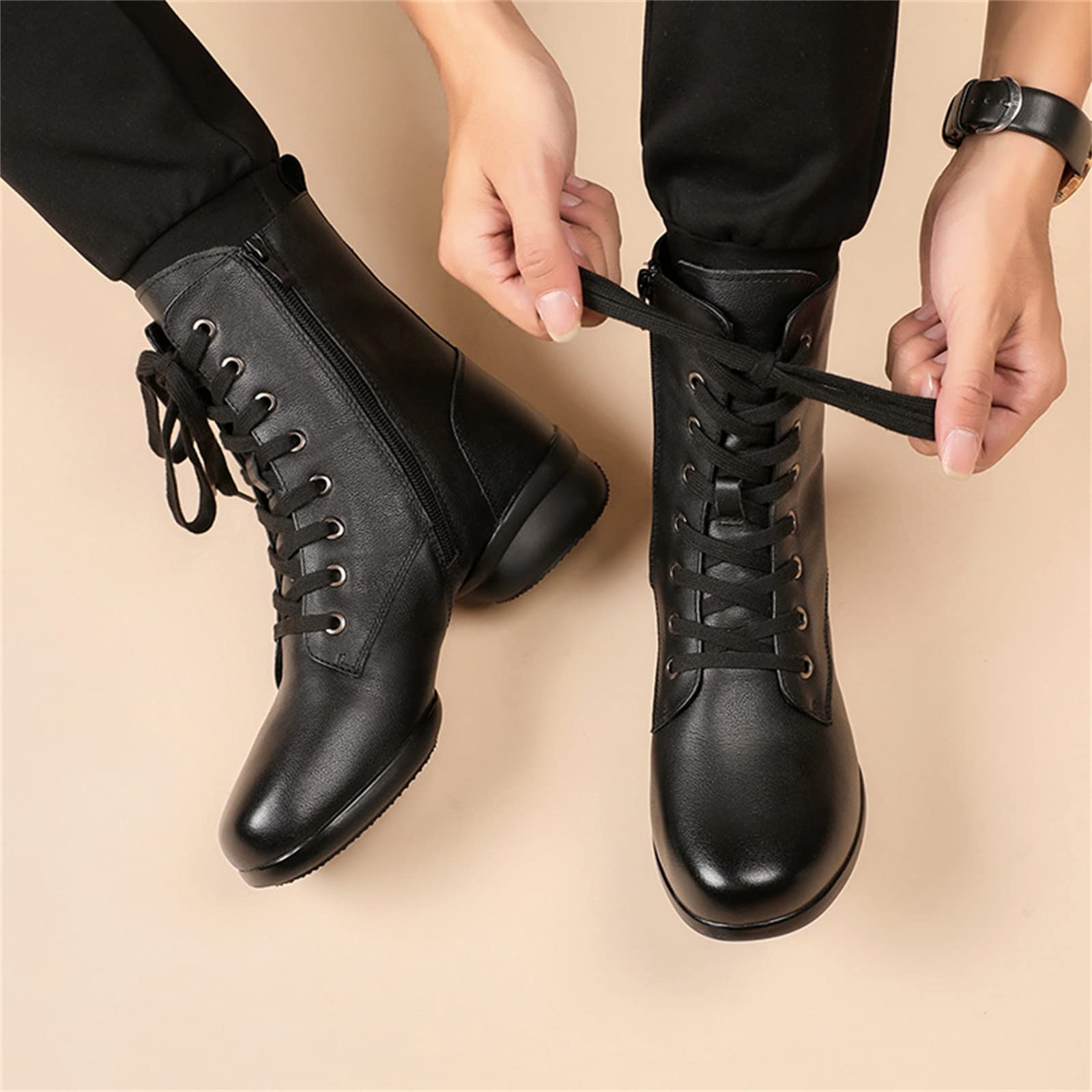 Botas de Baile Latino Moderno para Hombres con Suela Dividida Cuero Cremallera Lateral Tacón Bajo