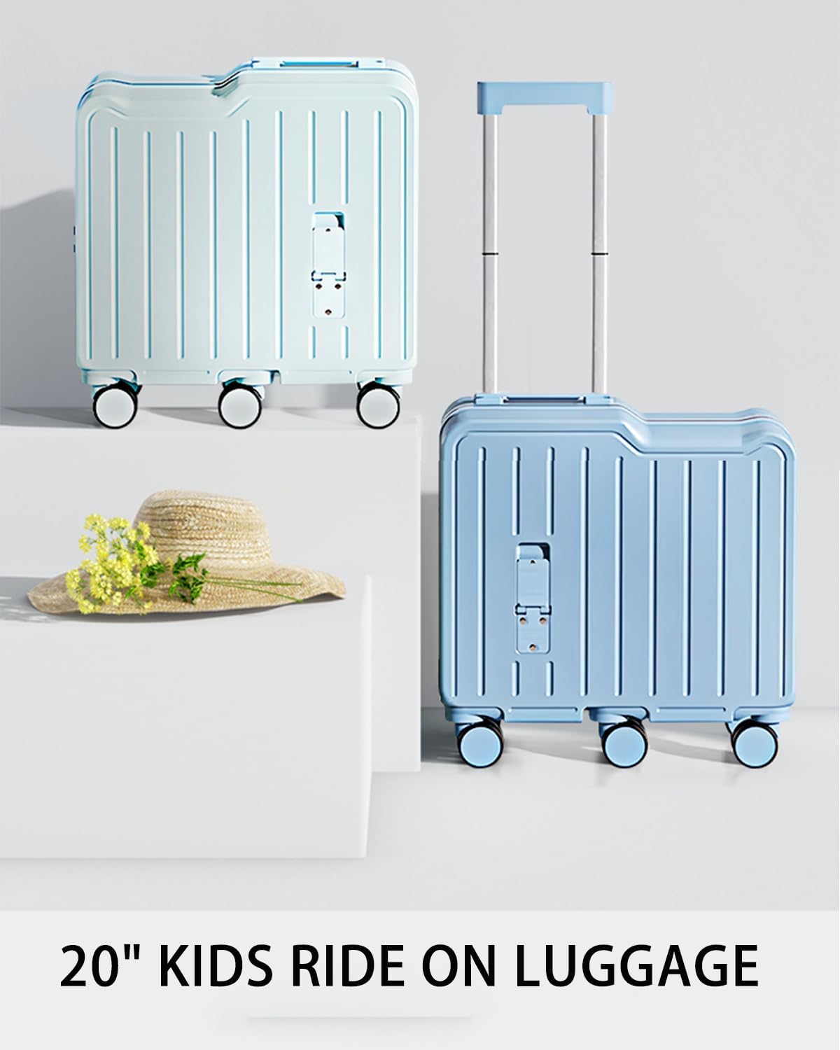 20" Ride-On Suitcase for Kids, Ride on Kids Luggage Six Wheels Suitcase with Spinner Wheels Ride on Toddler Luggage Travel Rolling Suitcases for Boys Girls (White)