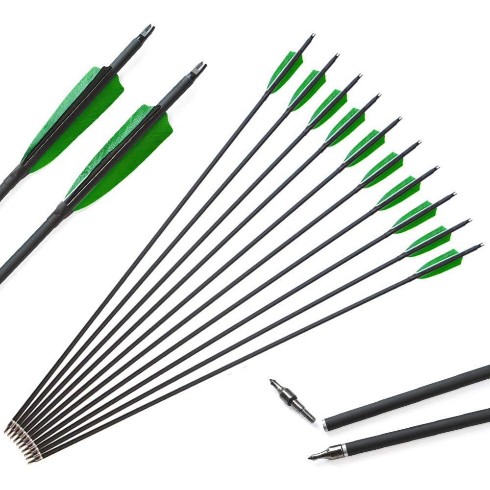 SHARROW 12pcs Freccia di Carbonio 30 Pollici con Piume di Tacchino 500 Spine Tiro con L'Arco in Carbonio Frecce con Faretra Freccia per Arco Compound Ricurvo