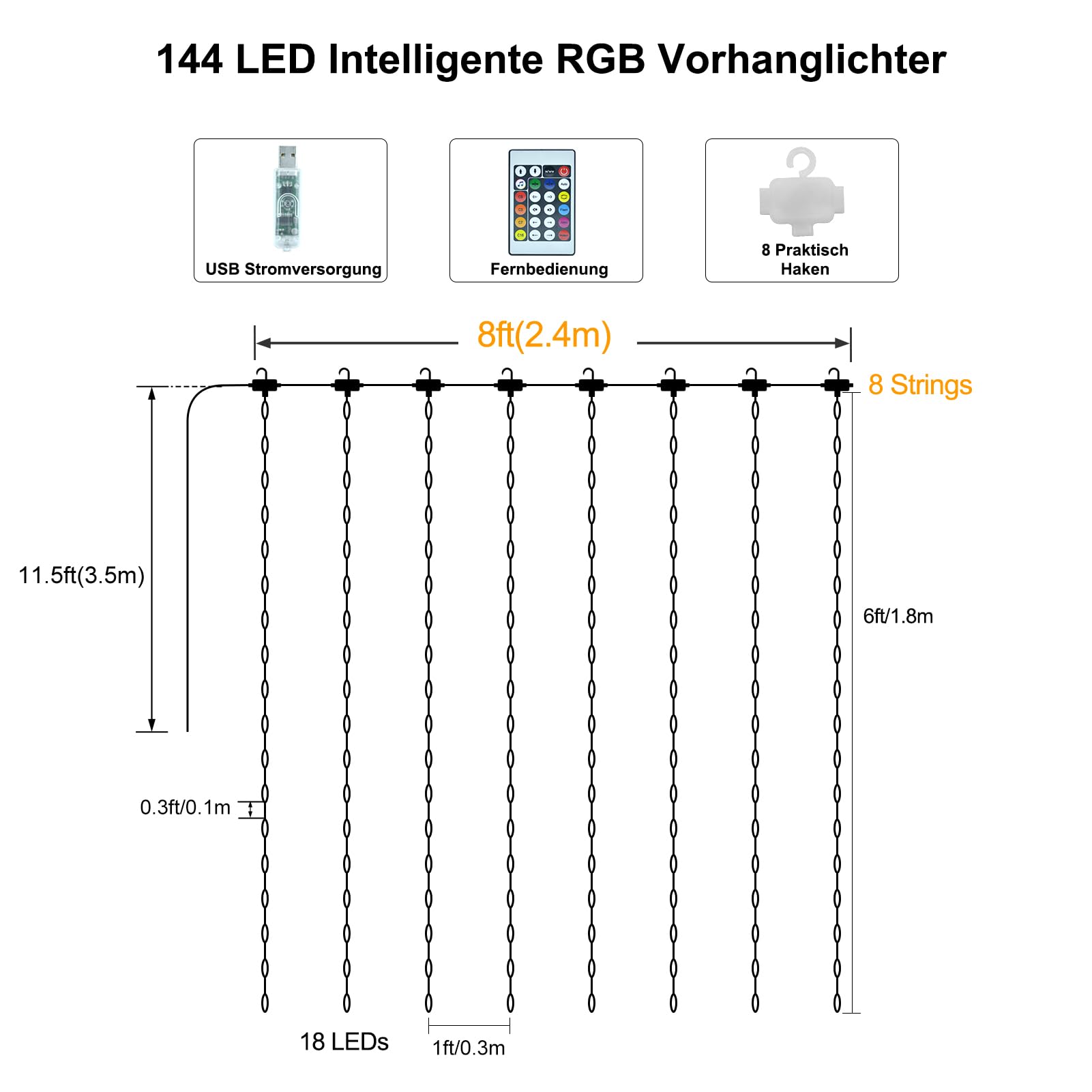 ZAIYW Cortina de Luz Inteligente RGB 5050 con Chip Integrado, Cortina de Luces de Hadas de 2,4 M x 1,8 M Control Remoto y Control de Aplicación, Cortina de Luces de Hadas de 144 LED para Fondo