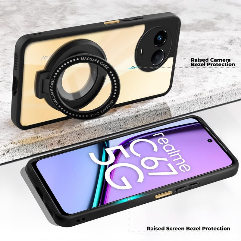 Image of Mr. Case Back Cover for Realme C67 5G with Transparent Back & Kickstand | Clear Hard Back with Silicone Frame - Black