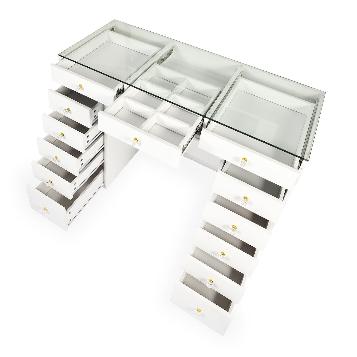 Menzzo Coiffeuse Probeauty 120 cm avec Miroir LED Lumineux – 13 tiroirs – Plateau en Verre – Table de Maquillage Design Moderne avec Grand Rangement – Meuble Coiffeuse Blanc