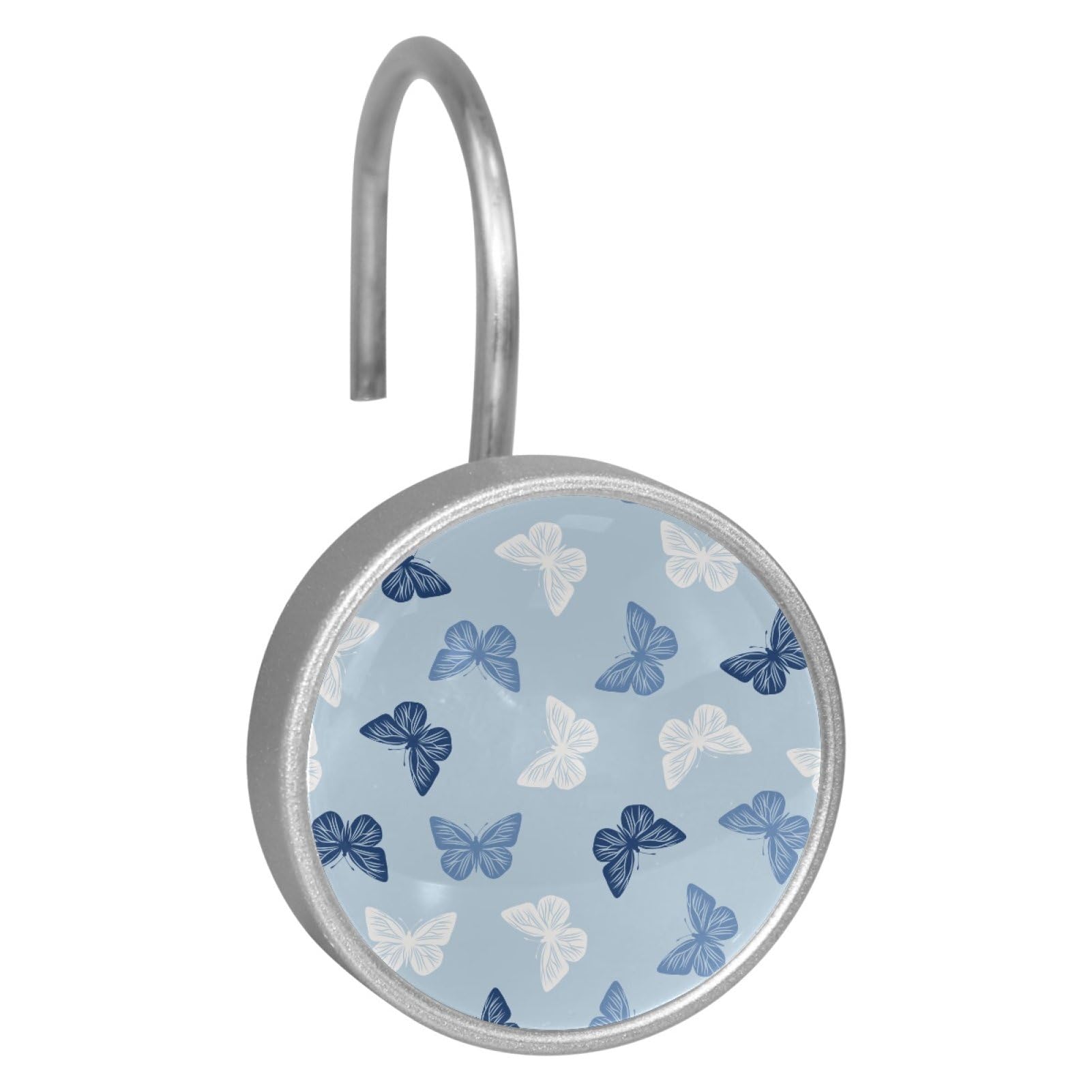 Set of 12 Stainless Steel Shower Curtain Hooks, Shower Rings for Bathroom, Rustproof Decorative Shower Hangers for Bedroom Living Room Shower Curtain Rod (Butterflies Blue Pattern)