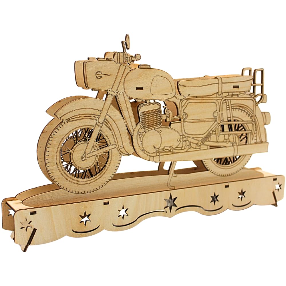 Ostalgie Moped Schwippbogen, DDR - Motorrad Schwibbogen, Lichterbogen Ostalgie, Schwibbogen DDR-Fahrzeug, aus Holz mit LED-Beleuchtung – Batteriebetrieben (2x AA), Made in EU, L/B/H 35 x 4 x 21 cm.