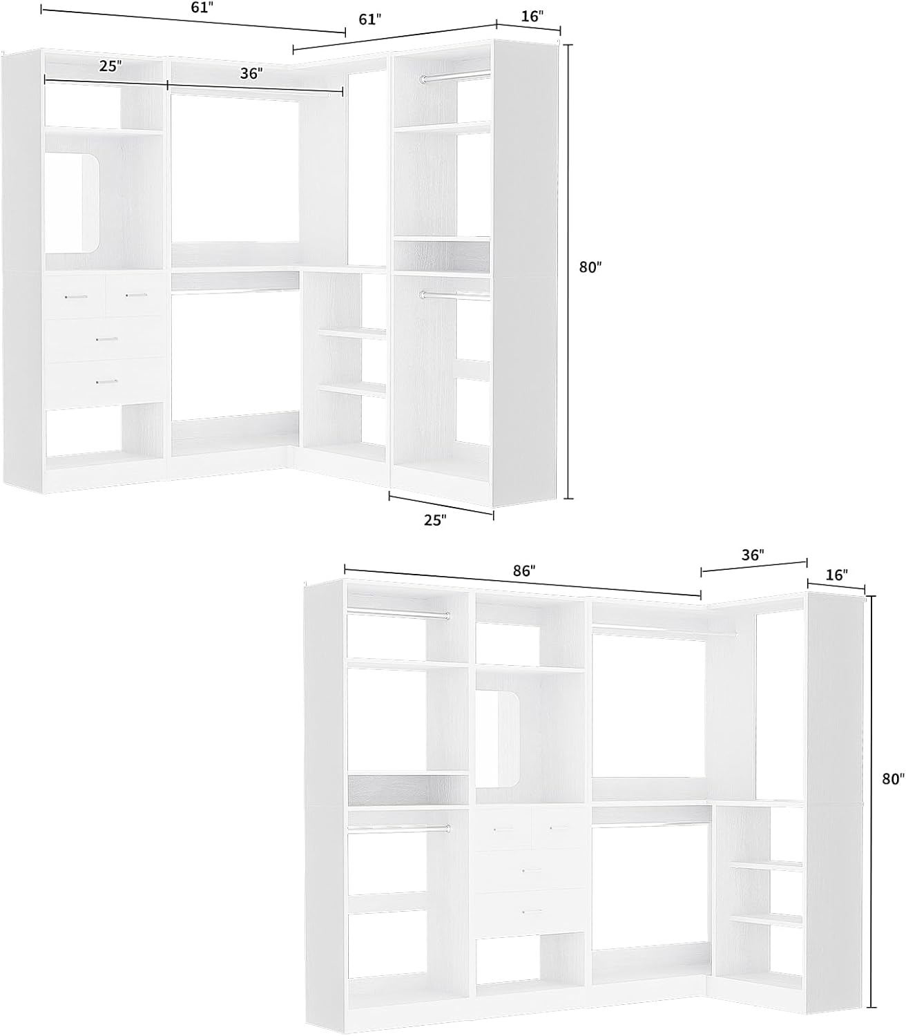 Unikito 86” Closet System, Large Corner Closets Organizer with Hanging Rods and Mirror Design, Freestanding Adjustable Wood Clothes Garment Rack with Drawers, Sturdy Walk in Closet Tower, White