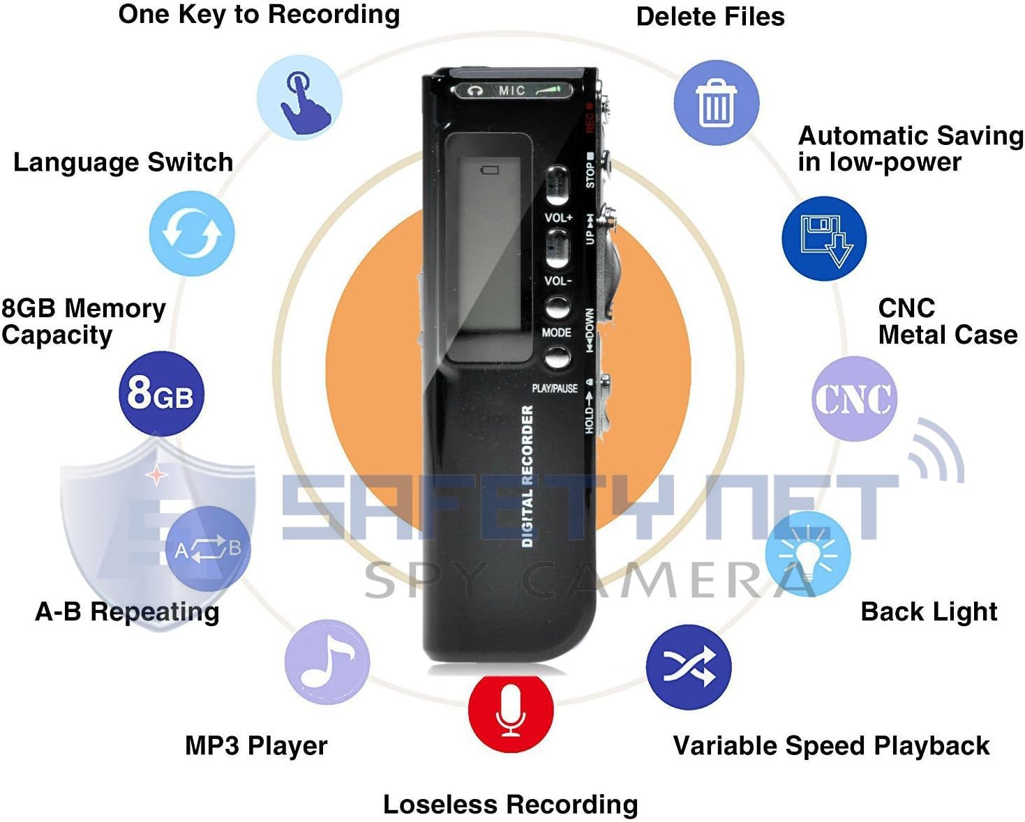 SAFETYNET Digital Voice Activated Recorder for Lectures/Meetings/Class, 8GB Memory, Store 160 Hours Sound/Audio Recording Dictaphone Device with Playback,MP3 Payer,Display 3