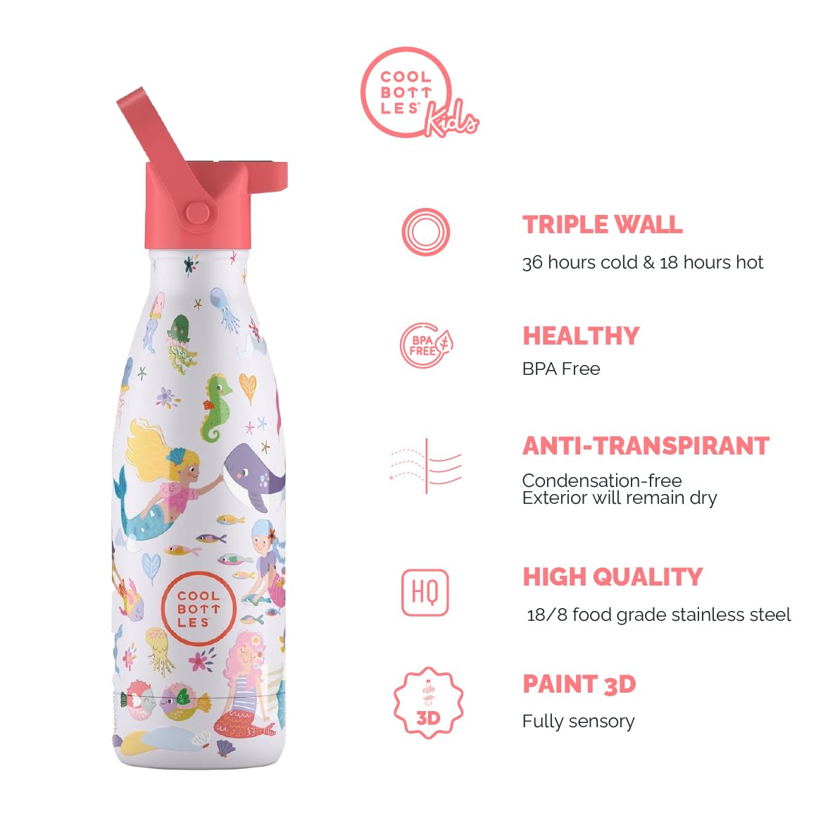 Cool Bottles - Termos dla dzieci – butelka na wodę ze stali nierdzewnej – 350 ml – Sweet Mermaids – zimne napoje 36 godzin i gorące napoje 18 godzin – bez BPA